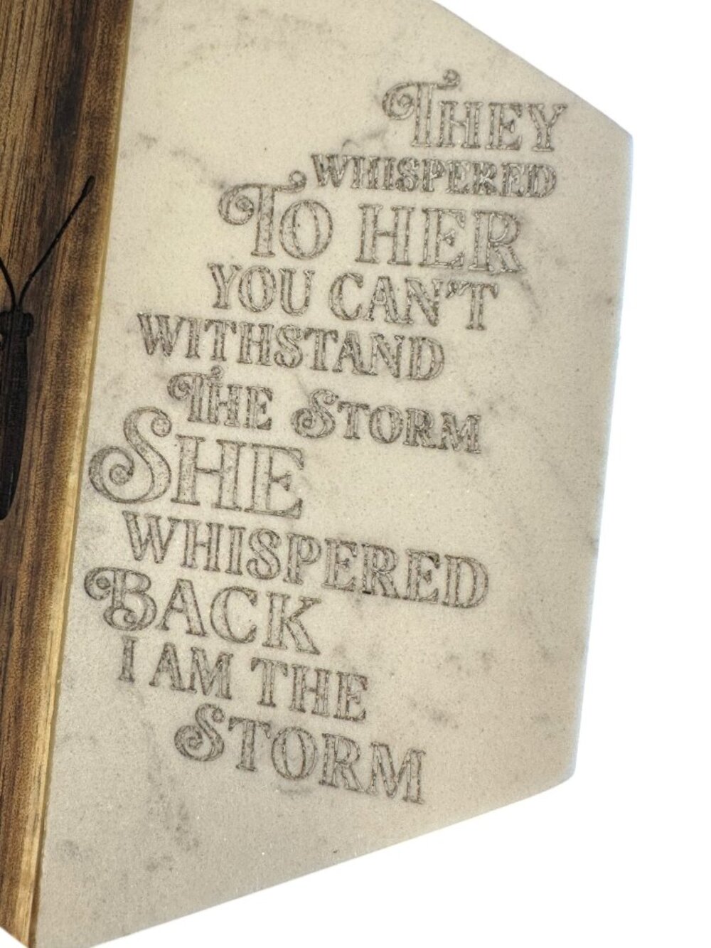 Inspirational Marble and Wood Hexagon Coaster with Butterfly Engraving